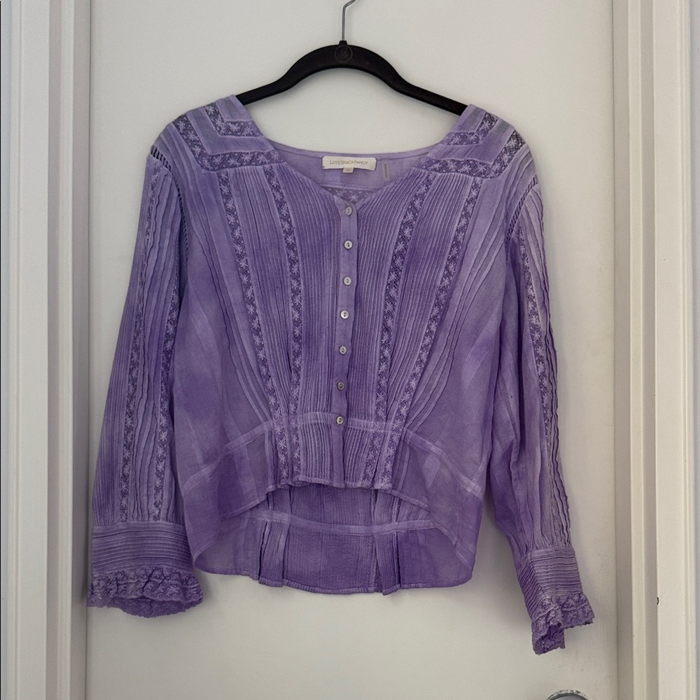 LoveShackFancy Lavender Cotton Pintuck Lace Button-Front Blouse